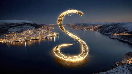 Alphabet S made of sparkle lights on the background of the sea.の素材