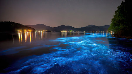 Night view of the lake in the mountains. Beautiful night landscape.の素材