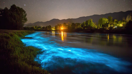Night landscape with starry sky over mountain river. Long exposure.の素材