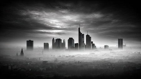 Panoramic view of the city in a foggy day.の素材