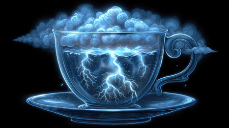 cup of tea with lightning on the black background. 3d illustrationの素材