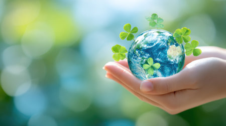 Hand holding Earth globe with clover leaves on bokeh backgroundの素材