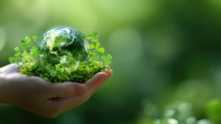 earth in human hand on green bokeh background, save earth conceptの素材