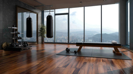 Interior of a modern fitness room with a panoramic viewの素材