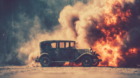 Burning old car on the road. Photo in old color image styleの素材