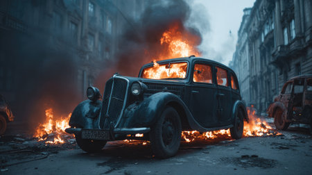 Burning car in the city. Fire in the old car.の素材