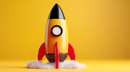 Rocket toy on a yellow background with space for text. 3d renderingの素材