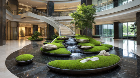Luxury hotel lobby with marble floor and green lawns.の素材