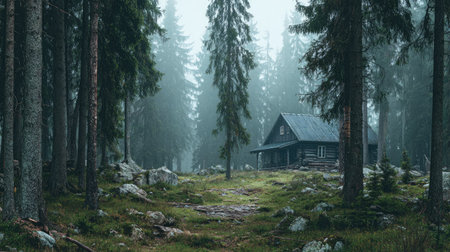 Wooden house in a foggy forest. Tatra Mountains, Polandの素材