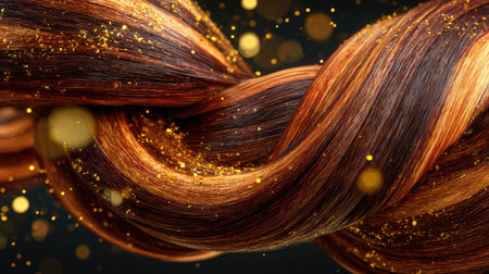 Hair braids with golden glitter on black background. 3d renderingの素材