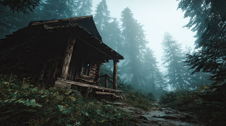 Old wooden house in the foggy forest. Carpathians, Ukraineの素材