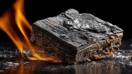 A piece of coal on a black background with a burning fire.の素材