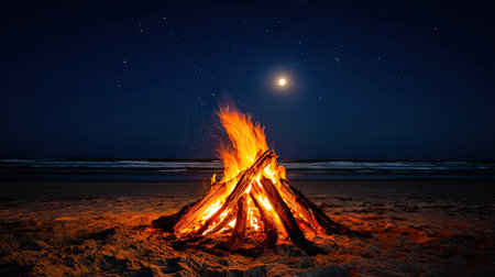 Bonfire on the beach at night with moon in the sky.の素材