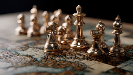 golden chess pieces on the background of the world map closeupの素材