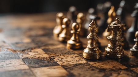 golden chess pieces on a wooden chessboard. business strategy conceptの素材