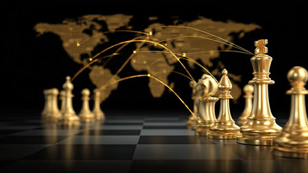 golden chess pieces and world map on black background 3d renderingの素材