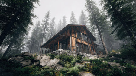 Wooden house in the forest in the fog. Beautiful landscape.の素材