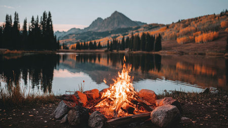 Bonfire on the shore of a mountain lake in the autumn.の素材