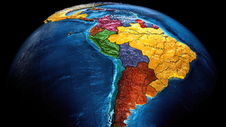 Colombia on model of Earth with country borders and watery oceans. 3D illustration.の素材