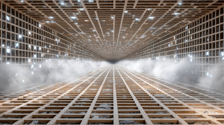 3d render of warehouse interior with fog and light on the groundの素材