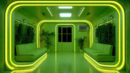 Interior of a green office building with neon lights, 3d renderの素材