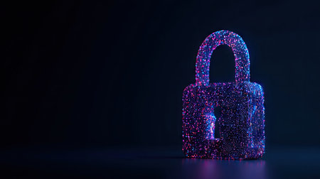 Padlock icon made of colorful particles on dark background. 3D renderingの素材