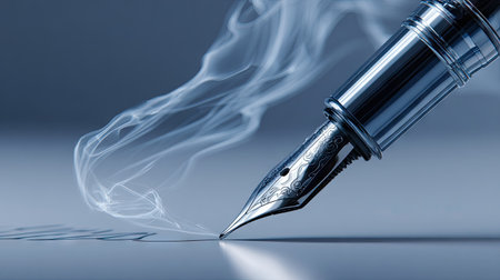Fountain pen and smoke on a blue background. Close-up.の素材