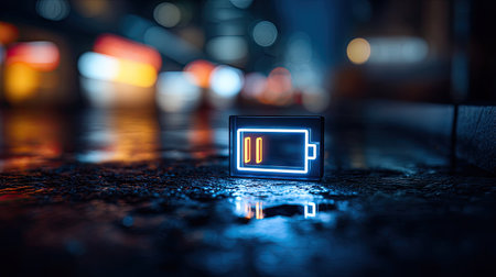 Smartphone with a low battery on the street at night. 3D rendering.の素材