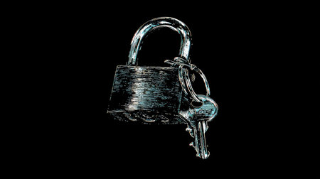 Padlock with keys on a black background. 3d illustration.の素材