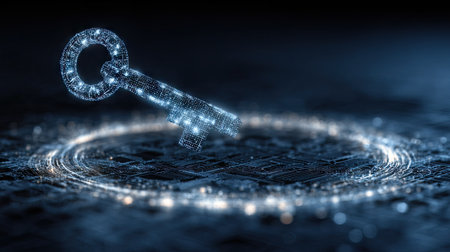 Digital key hologram on dark background 3D rendering toned imageの素材