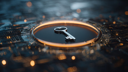 Key in the center of the coin. The concept of cyber security.の素材