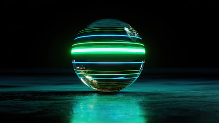 3d rendering of an abstract sphere with neon lights on a black backgroundの素材