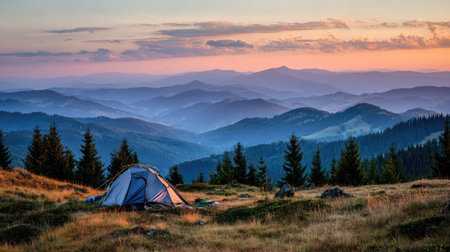 Camping in the Carpathian mountains at sunset, Ukraine.の素材