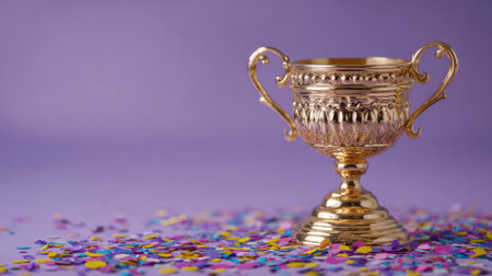 golden trophy on purple background with confetti, shallow dofの素材