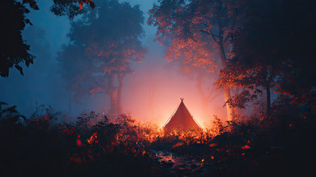 Tent in the foggy forest at dawn. Camping conceptの素材