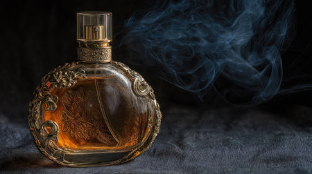 Vintage bottle of perfume with smoke on dark background. Copy space.の素材