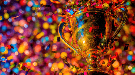 Golden trophy cup with colorful confetti on bokeh background.の素材