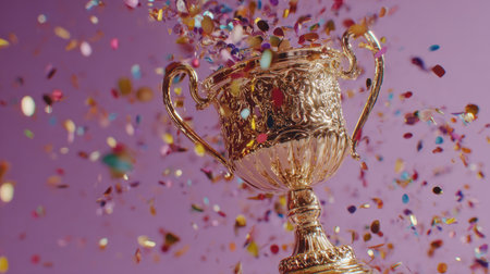 Golden trophy cup with confetti on a purple background, close-upの素材