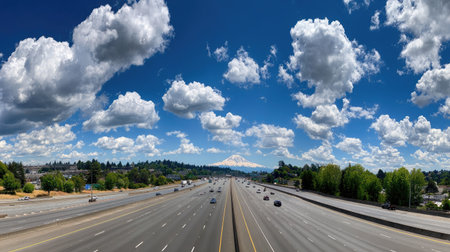 Panoramic view of the highway and Mount Rainier, Washington.の素材