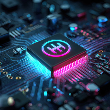 Close-up view of a modern GPU card circuit with colorful lightsの素材