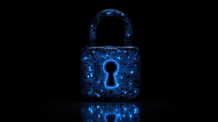 Cyber security concept. Padlock glowing on black background. 3D renderingの素材