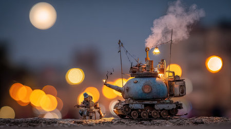 War Concept. Military silhouettes fighting scene on war fog sky background, World War Soldiers Silhouettes Below Cloudy Skyline At night. Attack scene. Armored vehicles. Tanks battle. Selective focusの素材