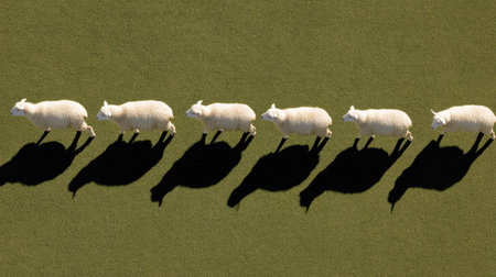 Sheep on the grass in the shade of the sun, seen from aboveの素材