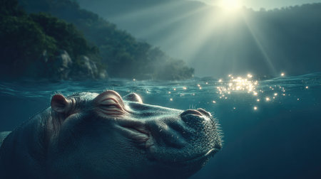 Hippopotamus swimming in the sea. 3d rendering.の素材