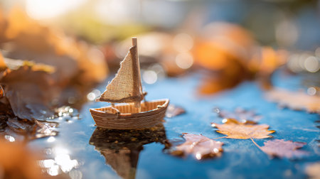 Wooden toy boat in the water with autumn leaves on the backgroundの素材