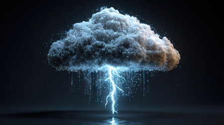 Cloud with lightning on dark background. 3D rendering and illustration.の素材