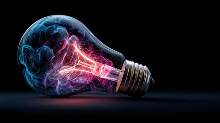 Glowing neon light bulb on dark background. Power and energy conceptの素材