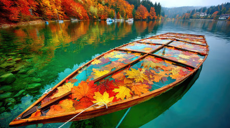 Wooden boat with autumn leaves on the lake. Colorful autumn landscape.の素材
