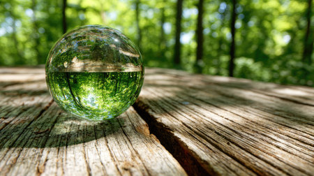 Glass globe on a wooden table in the forest. Global warming concept.の素材
