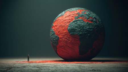 Man standing in front of the big globe. 3D Renderingの素材